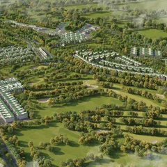 A large-scale aerial view of a massive residential development integrated with a golf course. This rendering is crucial for demonstrating the master plan and the vast green spaces associated with the project.