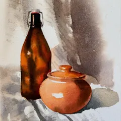 A simple still life composition featuring a glass bottle and a clay pot. This watercolor painting is a study in light, shadow, and the transparency of glass versus the opacity of pottery.
