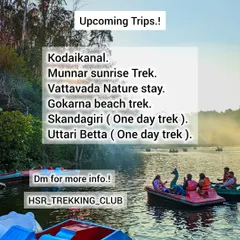 A graphic listing my upcoming trips, including Kodaikanal, Munnar, and one-day treks from Bangalore.