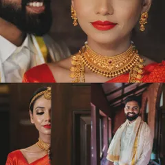 A collage of couple portraits, blending an intimate close-up with playful, candid moments that show their connection.