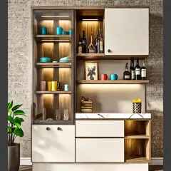 A modern crockery unit designed for both display and storage. It includes a glass-front cabinet with internal lighting, open shelves for a mini-bar setup, and a marble countertop for serving.