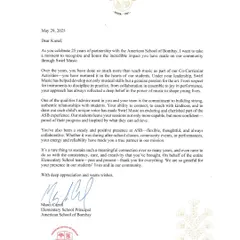 A letter from the American School of Bombay recognizing our 25 years of partnership. It's a rare and meaningful thing to sustain such a connection, and we are so grateful for their trust.