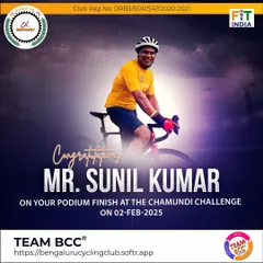 A huge congratulations to our member, Mr. Sunil Kumar, for his podium finish at the Chamundi Challenge. Conquering the climb to Chamundi Hills is a fantastic achievement.