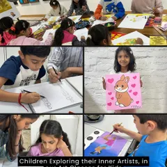 Children exploring their inner artists in my art classes for kids. This collage shows them engaged in various activities like sketching, painting, and displaying their finished work.