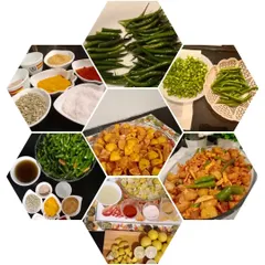 A collage showing different stages of our pickle making process. From chopping vegetables and mixing spices to the final product, it's all done with care.