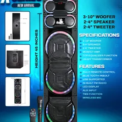 Here are the details for my new X-Series tower. It stands 45 inches tall and is packed with three 10-inch woofers, speakers, and tweeters. I've included all the features like Bluetooth, a wireless mic for karaoke, and full remote control.