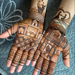 A fun and modern take on engagement mehandi. This design combines traditional patterns with cute, personalized figures of the couple and their favorite things, like a special cupcake.