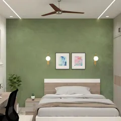 Another view of the bedroom, showing how the custom sliding wardrobe integrates with the study area and bed, creating a unified and functional space.