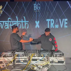 On stage with my friend TRAVE. Collaborating on live sets is an amazing experience, and you can see the chemistry as we prepare to mix.
