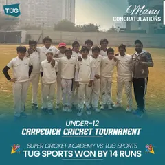 A proud moment for our Under-12 TUG Sports team, celebrating a hard-fought 14-run victory in the Carpediem Cricket Tournament. We focus on building winning habits and team spirit from a young age.