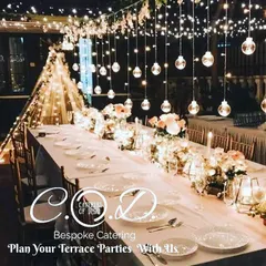 An intimate and magical terrace party setup. We can transform any space with beautiful table settings, floral arrangements, and ambient lighting to create the perfect atmosphere for your celebration.