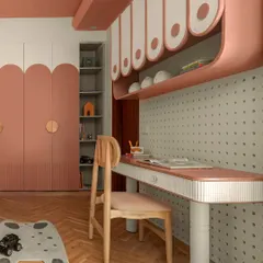 This perspective shows how the study area and storage solutions work together. The custom desk, overhead cabinets, and built-in shelving create a cohesive zone for homework and hobbies, keeping everything neatly organized.