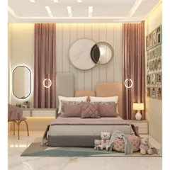 For this child's bedroom, we created a dreamy and playful atmosphere using a soft pastel color scheme and layered textures. The design includes a custom upholstered headboard, coordinated furnishings, and thoughtful details like circular wall mirrors and hanging pendant lights to foster creativity and comfort.