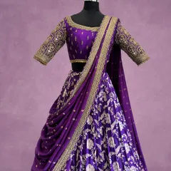 A symphony of royal purple and gold. This custom lehenga features intricate floral embroidery and a beautifully draped dupatta, designed to make a grand statement at any celebration.