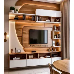 This entertainment wall combines curved wooden panels with sleek white cabinetry. The design includes open shelving for decor and books, creating a dynamic and modern focal point for the living room.