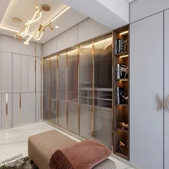 This 3D render showcases a walk-in wardrobe design that balances luxury and function. It features fluted glass doors with brass frames, integrated open shelving for display, and a modern chandelier, all contributing to a high-end, organized space.