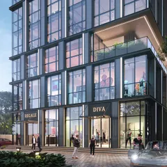 Our design for a commercial building in Surat, the diamond city. The minimalist facade, inspired by the facets of a diamond, creates a timeless and elegant look.