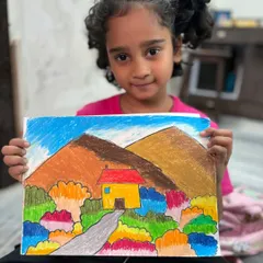 This vibrant landscape drawing with a house and mountains was created by a 2nd-grade student using oil pastels. We learn how to simplify shapes and use bold colours to make a scene pop.