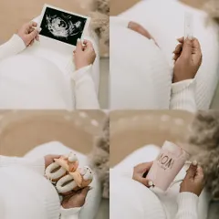 A collage showcasing the details of this new beginning: the sonogram, the positive test, tiny baby shoes, and a "Mom" mug. It's a beautiful summary of the journey to motherhood.