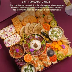 The LFC Grazing Box is perfect for slow afternoons and good conversations. I fill it with a mix of cheeses, breads, seasonal fruits, and savory bites like our creamy Burrata, creating a beautiful and delicious spread for any occasion.