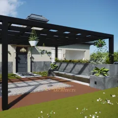 A beautifully landscaped terrace with a modern black pergola, built-in concrete seating, and a mix of lawn and paved areas.