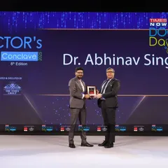 A wide shot of me receiving the Inspiring Dermatologist of India award at the Times Now Doctor's Day Conclave 2025. It was a proud moment to be selected among only 20 dermatologists nationwide for this honor.