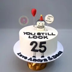 A fun and minimalist doodle cake that says "You Still Look 25" for a 35th birthday. Simple, witty, and stylish.