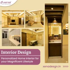 This collage showcases a complete home interior project with a magnificent golden and brown color scheme. It includes the living room, dining area, kitchen, and a beautiful backlit mandir.