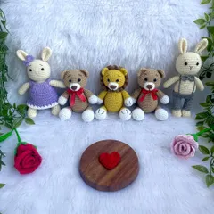 A family of my best-selling plushies, all in stock and ready for a new home. This includes my cute bunnies, teddy bears, and a little lion.