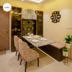 A closer look at our popular space-saving dining table. When open, it comfortably seats four and is complemented by a bench and chairs. The entire unit is integrated with a stylish crockery cabinet.