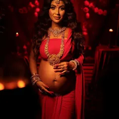Embracing the divine feminine, this traditional maternity portrait is a tribute to our heritage. Dressed in a powerful red and adorned with temple jewelry, the mother-to-be is captured as a symbol of 'Janani', the creator, in a setting filled with cultural richness and strength.