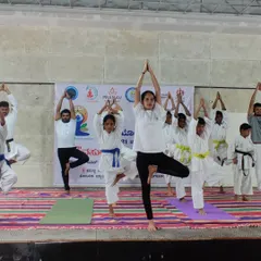 Our students, from young children to adults, practicing Vrikshasana (Tree Pose) on stage during an International Day of Yoga event. Balance is a key skill we cultivate in our martial arts training.