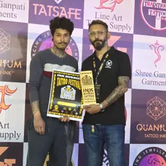 Our artist Anurag receiving the 3rd prize award for a Big Healed Black and Grey tattoo at the Ink Buddies Tattoo Festival. It's always a great experience to connect with other artists and showcase our work.