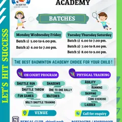 Here are the batch timings for our Bengal Club, Shivaji Park center. We offer structured on-court programs and physical training sessions on weekdays to fit your child's schedule.
