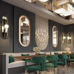 This restaurant seating arrangement features comfortable booth seating against a dark, paneled wall with elegant, elongated mirrors. The custom lighting fixture above the logo serves as a central design element, enhancing the brand's presence.