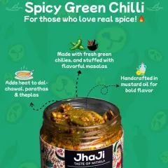 For those who love real spice, our Spicy Green Chilli pickle is made with fresh green chillies stuffed with flavourful masalas. It's handcrafted in mustard oil for a bold flavour that adds heat to any meal.