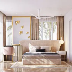 A serene and luxurious bedroom design. The focal point is a custom art piece with golden fish, symbolizing luck and prosperity, which adds a touch of glamour to the calm, neutral space.