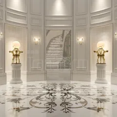 This grand foyer is adorned with intricate marble inlays, where timeless elegance meets modern luxury. The sculptural art pieces and classical wall paneling create a statement of refined living from the moment you enter.