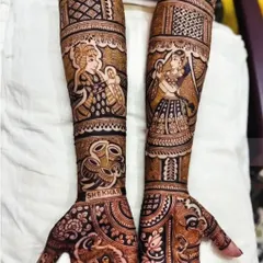 This narrative mehendi is personalized with the name 'Shekhar' on the palm. It's a great way to make the design uniquely yours.