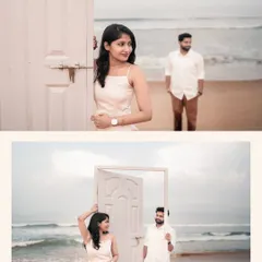 Using a simple prop like a door on the beach, we can create a surreal and symbolic story. It represents opening a new chapter together, with the endless ocean symbolizing your future.