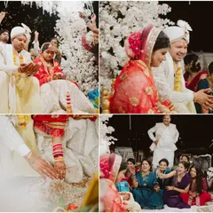 A collage of candid moments from the wedding ceremony. The laughter, the rituals, and the loving glances shared between the couple are the memories that will be cherished forever, all happening within a beautifully designed sacred space.