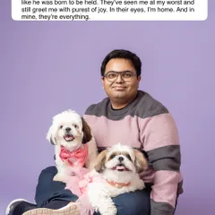 A fun and colorful studio shot! This pet dad is surrounded by his two adorable dogs on a vibrant purple background, showcasing a modern and playful side of my studio work.