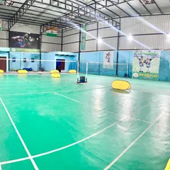 Another perspective of our indoor courts, showing the setup for drills and practice matches.
