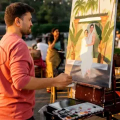 Vivek focused on capturing the couple in their traditional South Indian wedding attire. The details are what bring the painting to life.