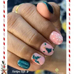 A playful and chic Christmas design combining glittery teal polish with pink accent nails decorated with a Christmas tree, holly, and a delicate snowflake.