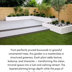 This garden is a study in minimalist elegance. We designed this space using structured greenery, including perfectly pruned boxwoods and ornamental trees, to complement the modern architecture. The raised white planters and clean lines create a calm, sophisticated retreat.