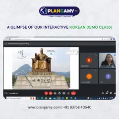 Here's another snapshot from our Korean demo class, where our instructor explains the history behind the Hangul script with a picture of King Sejong.