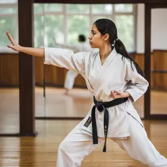 A student demonstrates a perfect karate stance. This level of focus and form is what we help all our beginners strive for.