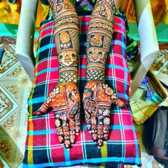 A full bridal design with peacocks on the palms and traditional figures on the arms, done for a client in her home.