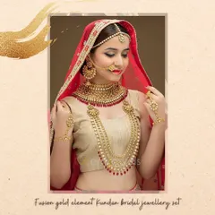 This fusion gold Kundan bridal set is designed for a complete and stunning look. It comes with a matched short necklace, a long rani haar, earrings, matha patti, hand ornaments, and a nath for your big day.